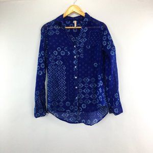 Raga Anthropologie Blue Button Down Shirt Lightweight Roll-Tab Sleeve Women's S